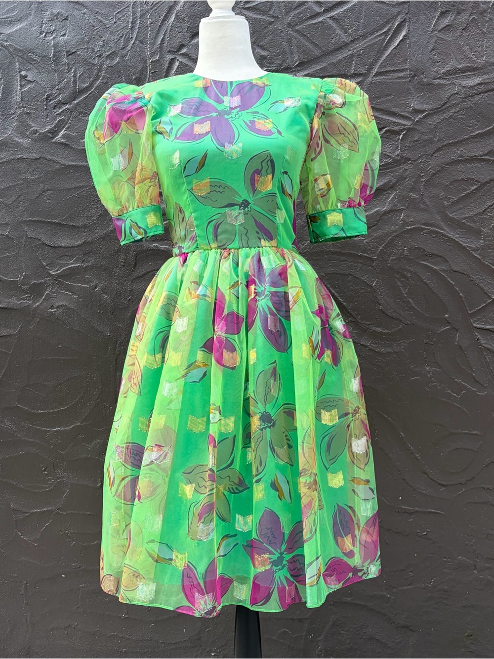 Vintage Green Floral 80s Does 50s Dress Poof Sleeves Full Skirt Party Small